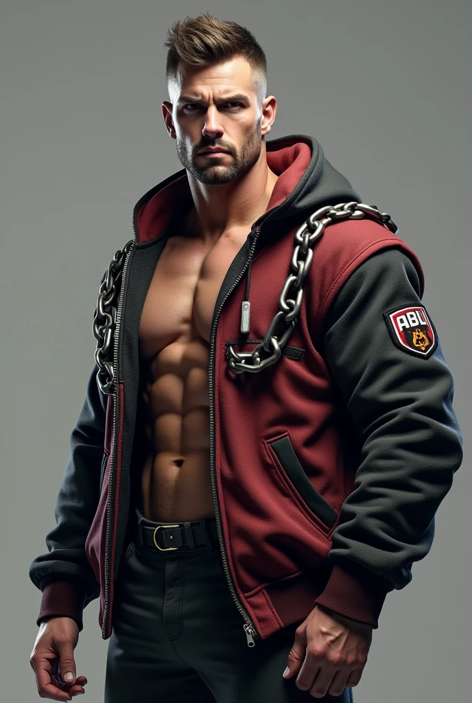 michal, not erotic, face, ((gray background)), team jacket, upper body, mesh, chain, muscular, (absurdres, highres, ultra detailed),((masterpiece)), ((best quality:1.1)), High Resolution, 8k,1boy, best quality, masterpiece, (photorealistic:1.4), 4k, high quality, masterpiece, best quality, highres, dynamic poses, realistic, mature male, looking at viewer