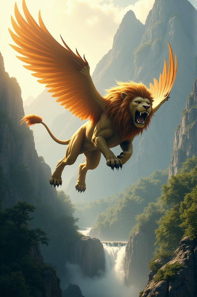 make a video The winged lion king is fighting in a beautiful mountainous place