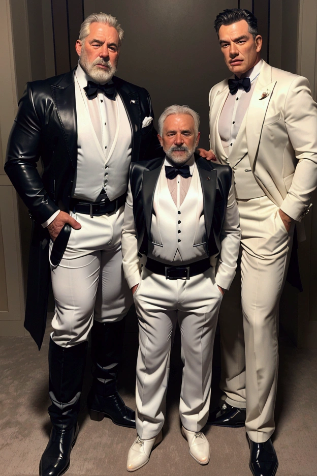 Three man 60 age man, muscular fat hairy body, hairy chest, thick chains collar, bdsm gears, leather harness, age 60, chubby muscle white men, opening formal suit, daddy, hairy bear belly, big dirty bulge pants