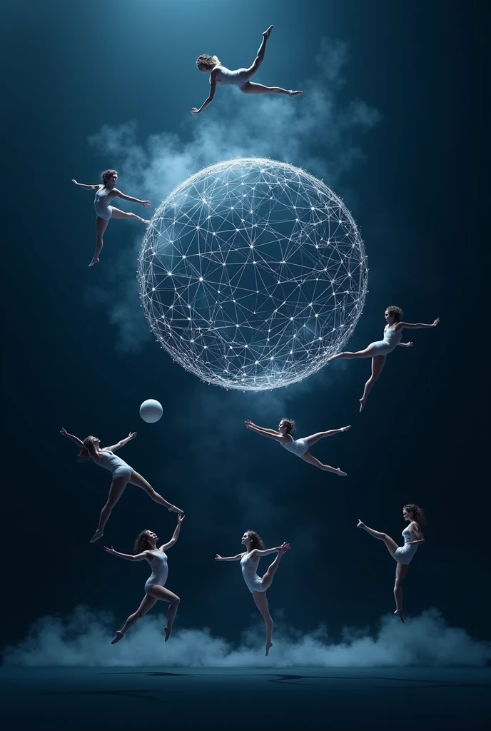 Wireframe sphere on dark blue background. Abstract geometric polygonal object with connected lines and dots. In the background, women doing gymnastics among clouds