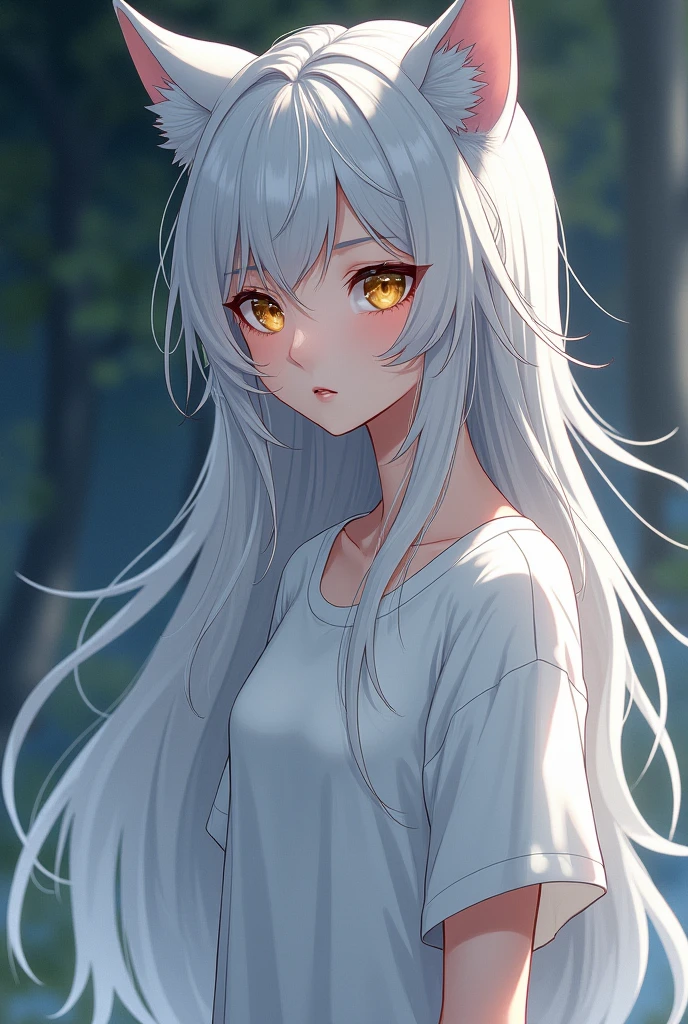 Demi-Human, wolf, female, Long silver hair is a little messy, Gold eyes, anime, white skin, white t-shirt, innocent, Clothes are loose 