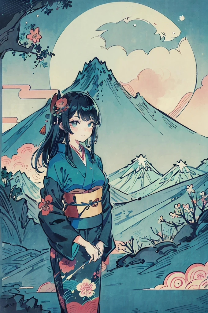 Japanese kimono print vector design of an anime woman with teal hair, mountains and moon and aurora in the background, colorful flowers, geometric pattern, black flat color background, Japanese architecture, in the style of ukiyo-e.