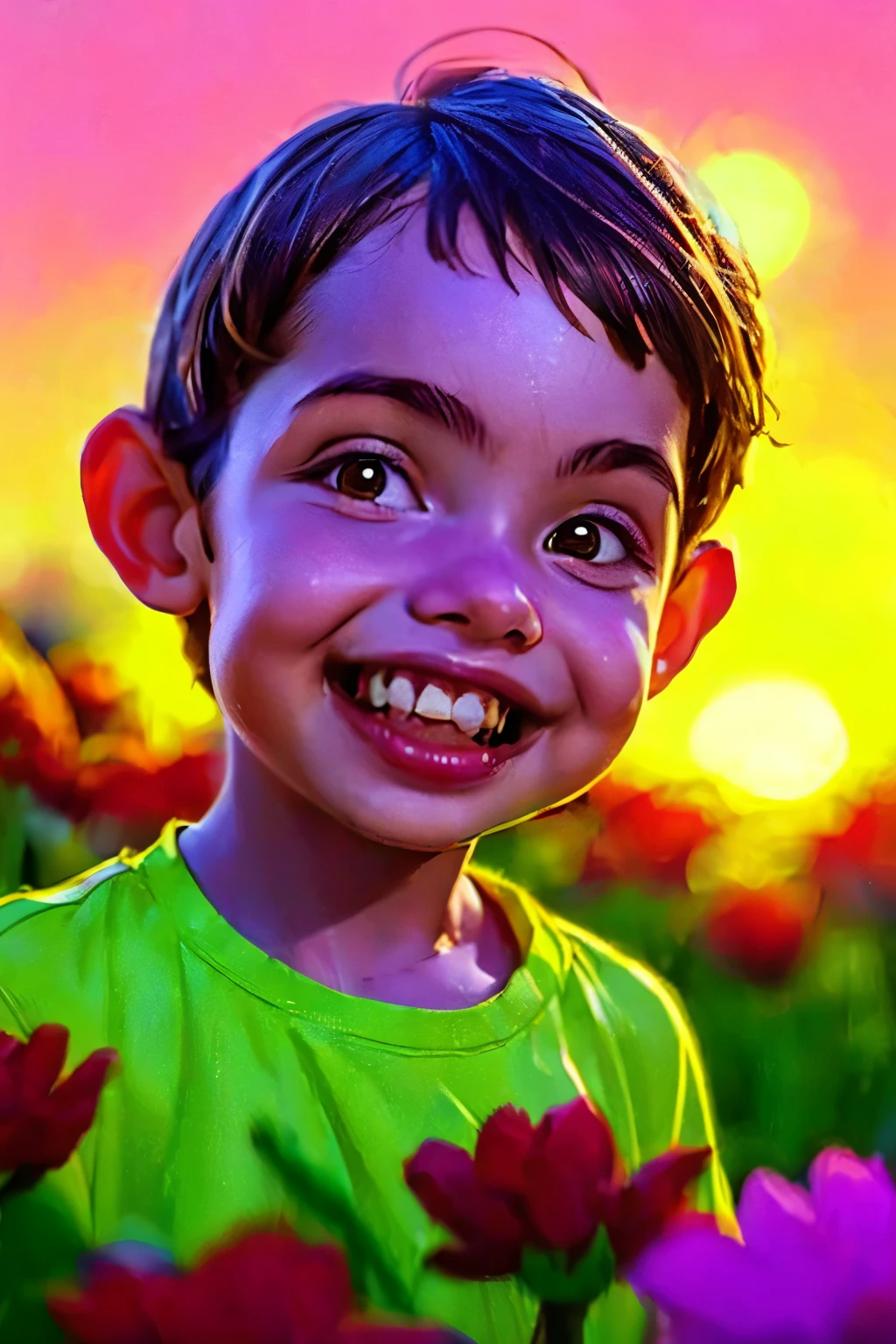 (((close-up face))). A joyful boy with short brown hair, ***, wearing a colorful t-shirt and shorts, running in a field of flowers during sunset, smiling happily, surrounded by blooming flowers, the golden light of the setting sun illuminating his face, capturing the essence of childhood and freedom, natural light, 35mm photograph, film, professional, 4k, highly detailed, Golden hour lighting. Depth of field F2. Rule of Thirds Composition. 