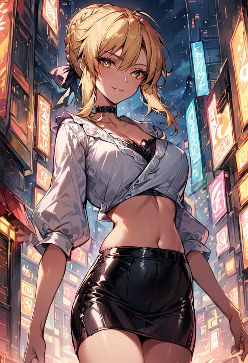 score_9, score_8_up, score_7_up, score_6_up, rating_safe, source_anime, BREAK beautiful Artoria Pendragon (blonde, braid, ribbon, hair ribbon:1.2), sexy smirk, BREAK tight leather skirt, wrap blouse, high heels, choker, BREAK walking in downtown Tokyo, neon lights, Extremely detailed Artgerm, Artgerm on ArtStation Pixiv, BREAK Epic light novel art cover, gorgeous female, trending on artstation pixiv, BREAK midnight, full moon, shallow depth of field, BREAK highly detailed, bokeh, moody, epic, gorgeous, grainy, BREAK (ultra-detailed), (best illustration), (best shadow), (absurdres), (detailed background), (very aesthetic), cowboy shot, rear view.