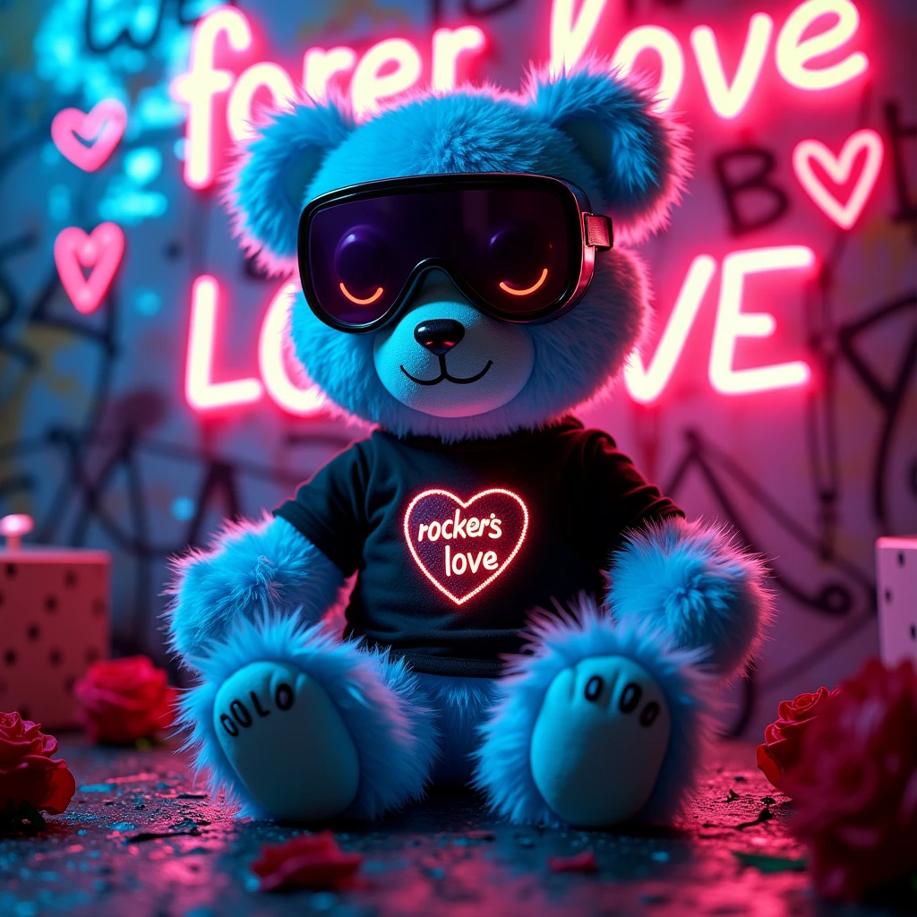 black top fashion large neon glow glasses punk syle bear fur toy sitting to the camera:: background neon words: ( forever love glowing letters will glow) :red hearts and XXX, neon graffiti background with hearts and lights sparkle hearts on the foots and red roses everywhere, scene is like clip of song swallowed, VR mask on the head, red leather and green cloth fur highly detailed covered mirror cubes like disco ball, dark neon graffiti mode,  blue fur bear sitting in meditation,  on the background neon and metallic foil wall:: photo of 1 toy bear full body with fashion letters on it ROCKERS LOVE words ):: BEAR LOVE::, black mirror purple VR mask blue neon glow snowboard glasses and  pink fur fur glow and golden green panama ibiza style fashion, mouth is closing ,hug ( neon glow my  LOVE neon glow word :: ) with two red heart circle eyes in a style in mood and happy  smiling with teeth smile wearing a 
