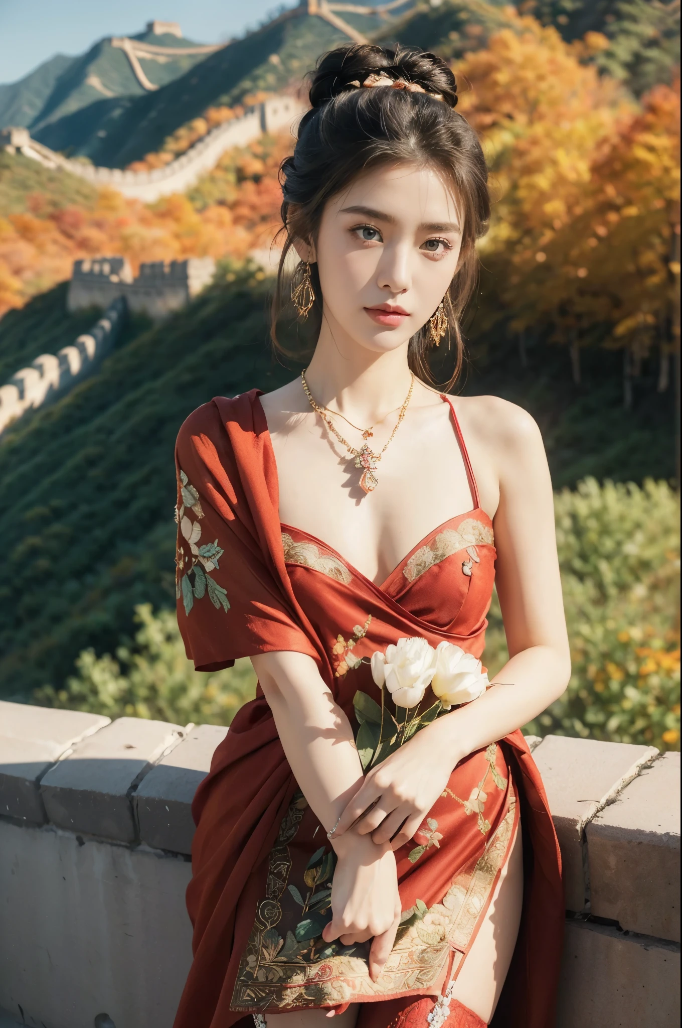 (((best quality))), (((ultra detailed))), (((masterpiece))), illustration,((1 beautiful girl,solo)),(on the Great Wall:1.3),(neat bun:1.2),((earrings,necklace)),((slim,thin)),((small breasts,flat chest)),((October, sunny, autumn,bright sunshine)), magnificent mountains,(maxi gorgeous Exquisite embroideried red dress:1.3),(stockings:1.3),(slender legs:1.2),(standing:1.3),gracefully,(detailed bright eyes:1.3),(fair skin:1.3), radiant,sparkling, vibrant colors,(colorful flowers:1.3), elegance, strength, perseverance, majestic, awe-inspiring, fluffy white clouds,((from front,upper body))