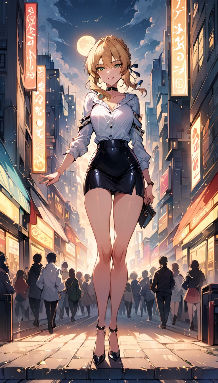 score_9, score_8_up, score_7_up, score_6_up, rating_safe, source_anime, BREAK beautiful Artoria Pendragon (blonde, braid, ribbon, hair ribbon:1.2), sexy smirk, BREAK tight leather skirt, wrap blouse, high heels, choker, BREAK walking in downtown Tokyo, neon lights, Extremely detailed Artgerm, Artgerm on ArtStation Pixiv, BREAK Epic light novel art cover, gorgeous female, trending on artstation pixiv, BREAK midnight, full moon, shallow depth of field, BREAK highly detailed, bokeh, moody, epic, gorgeous, grainy, BREAK (ultra-detailed), (best illustration), (best shadow), (absurdres), (detailed background), (very aesthetic), cowboy shot, rear view.