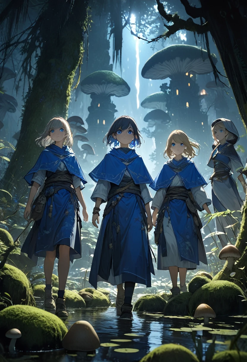 A cinematic medium shot of three teenagers - two girls and a boy - dressed in blue tabards, exploring a swamp at night near an ancient temple. The background is filled with intricate details, including moss-covered stones, twisted trees, and eerie mushrooms. The lighting is cinematic, with rim light backlighting and beautiful faces with piercing eyes.