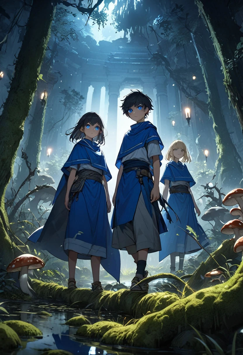 A cinematic medium shot of three teenagers - two girls and a boy - dressed in blue tabards, exploring a swamp at night near an ancient temple. The background is filled with intricate details, including moss-covered stones, twisted trees, and eerie mushrooms. The lighting is cinematic, with rim light backlighting and beautiful faces with piercing eyes.