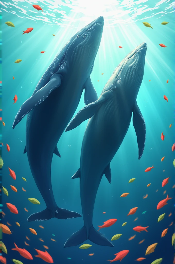 Two whales leap out of the water and colorful small fish surround them.