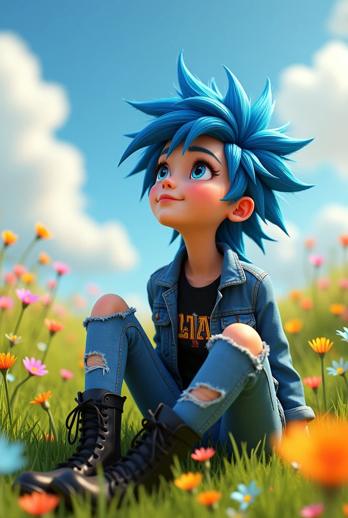 Lila, 16, Female, Punk style hair (spiky, blue-streaked), Blue eyes, Caucasian,
Blue denim jacket, Black band tee, Ripped blue jeans, Black combat boots,
Sunny meadow with wildflowers,
Sitting, looking up, relaxed, Pixar 3D style.