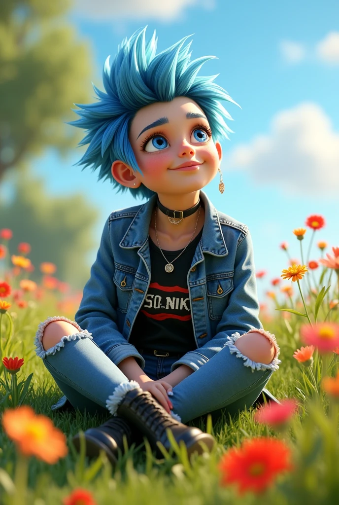 Lila, 16, Female, Punk style hair (spiky, blue-streaked), Blue eyes, Caucasian,
Blue denim jacket, Black band tee, Ripped blue jeans, Black combat boots,
Sunny meadow with wildflowers,
Sitting, looking up, relaxed, Pixar 3D style.