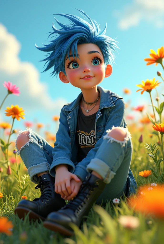 Lila, 16, Female, Punk style hair (spiky, blue-streaked), Blue eyes, Caucasian,
Blue denim jacket, Black band tee, Ripped blue jeans, Black combat boots,
Sunny meadow with wildflowers,
Sitting, looking up, relaxed, Pixar 3D style.