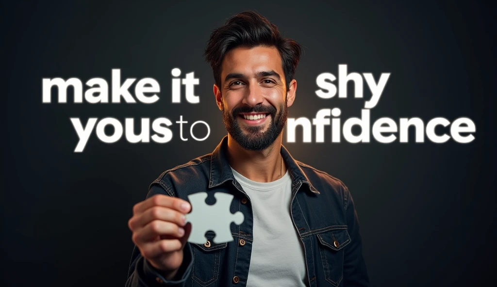 Digital artwork featuring a man with medium skin tone, dark hair, and a beard, smiling brightly while holding a puzzle piece. The background is dark with a bright light source behind the man, creating a dramatic and focused effect on his face. The text 'MAKE IT YOURS' is prominently displayed in large, bold, white letters across the image, with 'SHY TO CONFIDENCE' in a smaller font above 'INTROVERTS'. The text has a modern, sans-serif style with a slight transparency effect, allowing the background to subtly show through. The overall layout is dynamic, with the subject centered and the text integrated into the composition, creating a visually engaging and energetic scene.