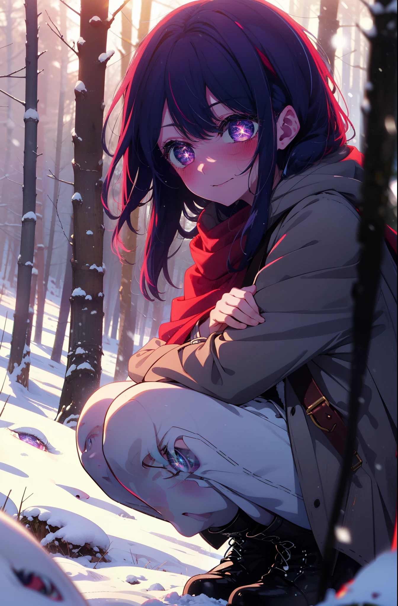 aihoshino, Ai Hoshino, Long Hair, bangs, (Purple eyes:1.1), Purple Hair, (Symbol-shaped pupil:1.5), smile,,smile,blush,white breath,
Open your mouth,snow,Ground bonfire, Outdoor, boots, snowing, From the side, wood, suitcase, Cape, Blurred, , forest, White handbag, nature,  Squat, Mouth closed, Cape, winter, Written boundary depth, Black shoes, red Cape break looking at viewer, Upper Body, whole body, break Outdoor, forest, nature, break (masterpiece:1.2), Highest quality, High resolution, unity 8k wallpaper, (shape:0.8), (Beautiful and beautiful eyes:1.6), Highly detailed face, Perfect lighting, Extremely detailed CG, (Perfect hands, Perfect Anatomy),