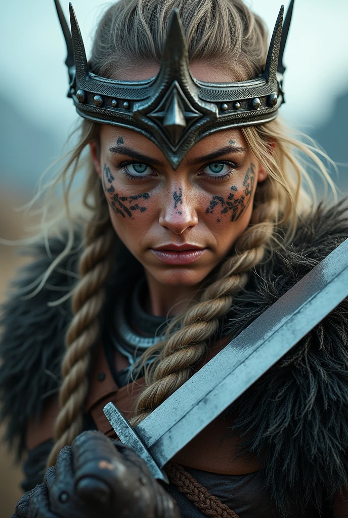 Viking warrior close-up, knife , Woman, blue eye, large crown on head , stick ropes around your neck, tribal tattoo on face, Angry