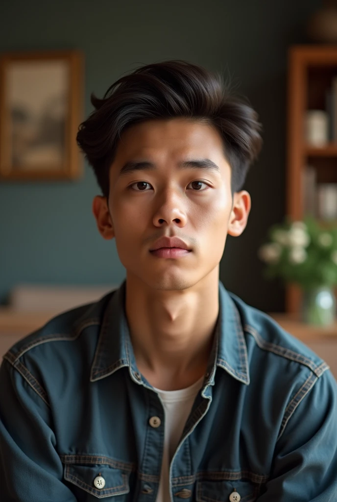 A young man facing the front is in a 4k half body room