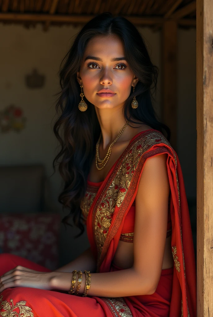 Indian girl, beautiful white, seductive in Indian dress in a hut