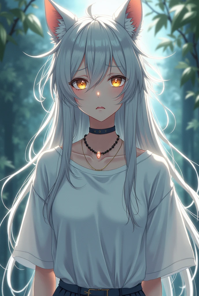 Demi-Human, wolf, female, Long silver hair is a little messy, Gold eyes, anime, white skin, white t-shirt, Clothes are loose