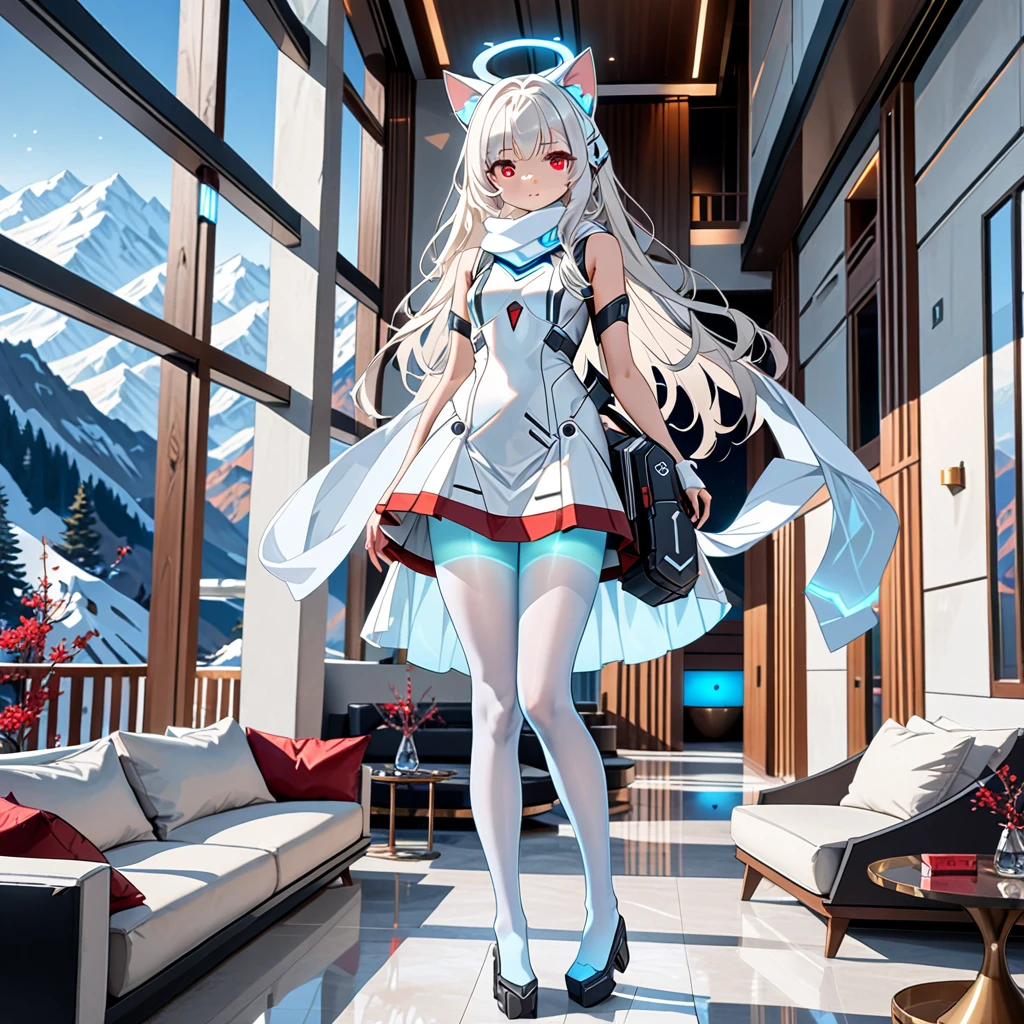 masterpiece, highest quality, highest resolution, clear_image, detailed details, white hair, long hair, 1 girl, cat ears, red eyes, futuristic halo, white sci-fi dress, white scarf (around the neck withn a light blue glow), white pantyhose, full body, no water marks, no panties, in mountain villa, holding an HK riflebag