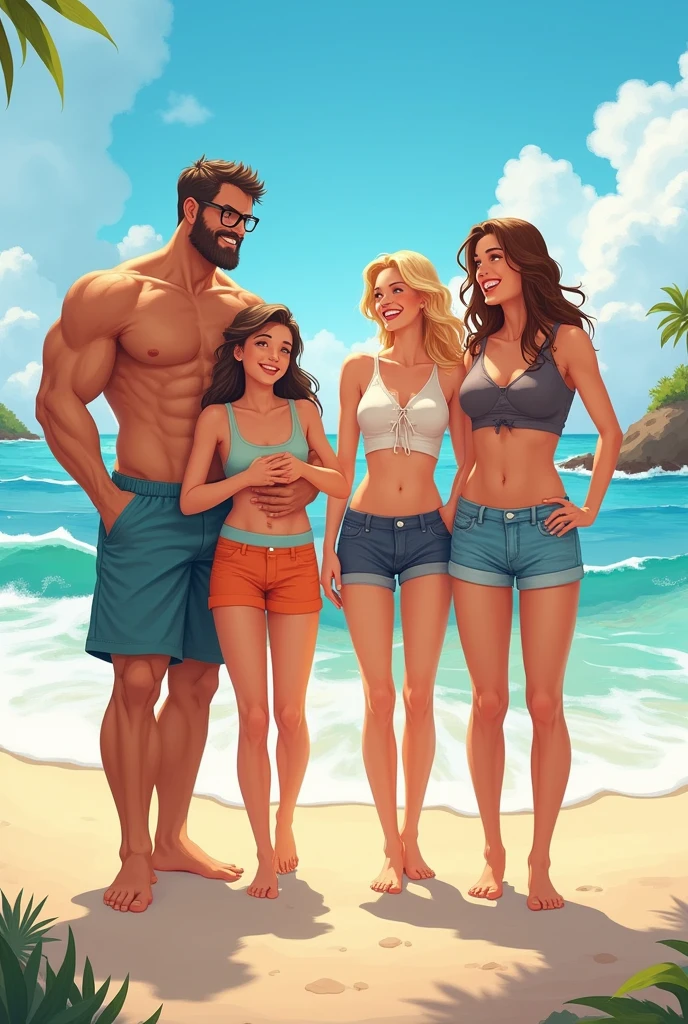 two happy couples of friends on the beach, one with two women, one blonde and one with light brown hair, and another couple with a brown haired woman and a brown haired man, glasses and very muscular, there are two children in the picture

