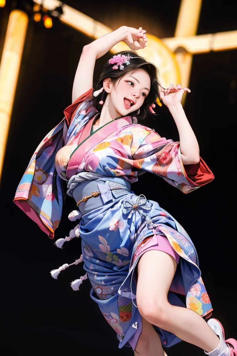 (Japan Bon Odori,最高masterpiece,Highest quality), Hot August,Bright vibrant anime art,People of all ages and genders dance and dance, Dancing in yukata,Laughing and dancing, Showing white teeth,Men and women dance in a circle, masterpiece,Highest quality,High resolution,
