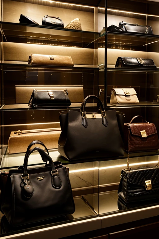 Collection of handbags placed in a display case with LED lights in an old luxury handbag store 
