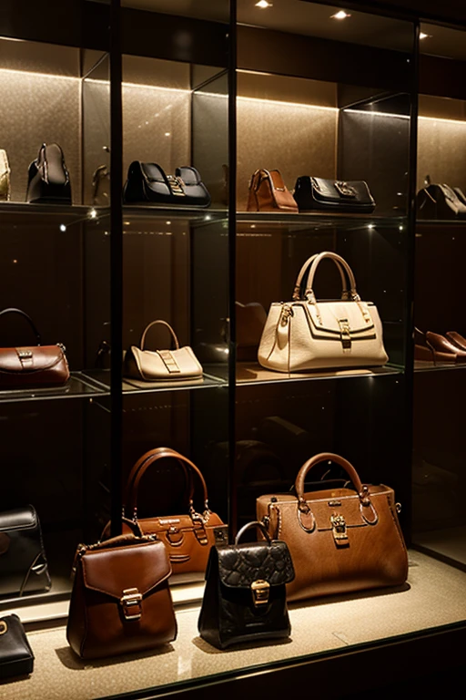 Collection of handbags placed in a display case with LED lights in an old luxury handbag store