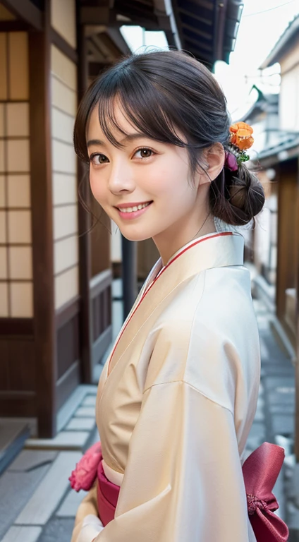 Professional Lighting,(Photorealistic:1.4), (Top image quality:1.0), (超A high resolution:1.0), 8k, Raw photography, (masterpiece:0.2), (Facing the children_v1:0.5)、(highest quality Detail:1.2)、Realistic、8k Ultra HD、High resolution、(1 girl:1.2)、Super detailed、High quality textures、Complex details、detailed、Very detailed CG、High quality shadows、detailed Beautiful and delicate face、Beautiful details and a delicate eye、(Symmetrical eyes:1.2),Written boundary depth、Ray Tracing,1 girl, Japanese Girls, (Natural smile:1.4),cute, thin, Portrait of a beautiful Japanese woman in a kimono, Standing elegantly on a street corner in Kyoto. Kimono with vibrant traditional patterns, Hair decorated with elegant and delicate hairpins, Gentle expression. (With the old streets of Kyoto in the background:1.4)、The soft light of a spring afternoon、Adding tranquility to the scene. Rendered in a Realistic style with great attention to detail, High resolution images.Sky Porn, Magic Hour, (Realistic:1.3), finely, quality, (Tabletop:1.2), (Realistic:1.2), (highest quality), (Complex details), dramatic, Ray Tracing, photograph, +roller