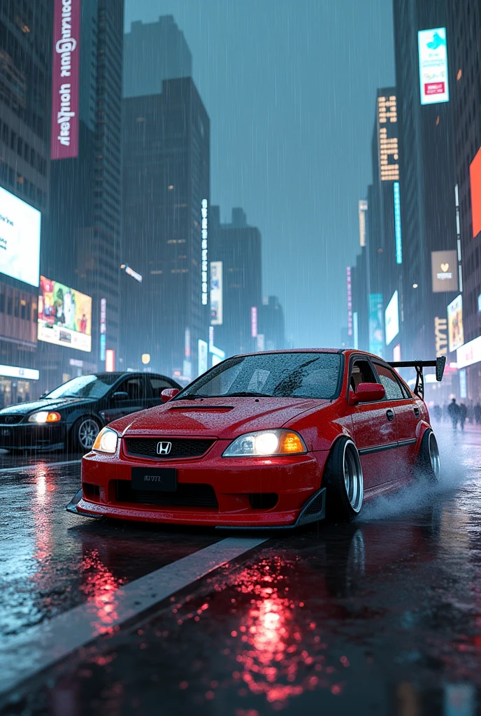 Two Honda City 2009 model lowed and spoiler in rain in cyberpunk