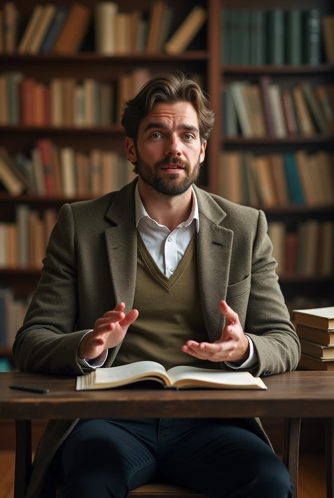 A fit man of 25 years age explaining about history by sitting on a chair with background of blur history background as a professor in forward direction in explaining posture camera angling forward direction