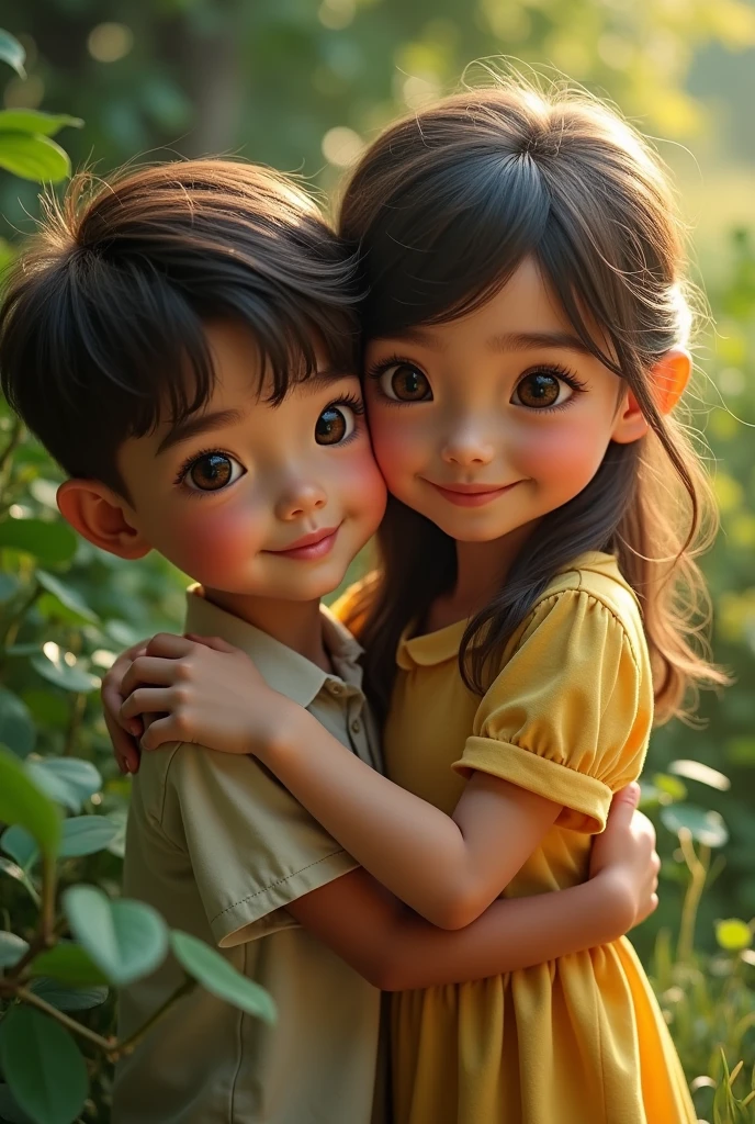 a girl and a boy hugging each other tenderly, detailed facial features, beautiful eyes, long eyelashes, warm embrace, intimate moment, soft skin, delicate clothing, natural lighting, serene garden background, lush greenery, photorealistic, highly detailed, intricate, masterpiece, cinematic composition, vibrant colors, dramatic lighting