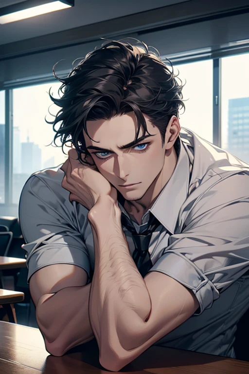 (Best Quality,4k,8k,high resolution,Masterpiece:1.2),ultra detailed,(realist,photorealist,photo-realist:1.37),1 man,31 years,mature man,very handsome,without expresion,muscled body,short gray black hair,Blue eyes,glare,perfect face without mistakes,imposing posture,businessman,office background,cinematic lighting,imagen HDR