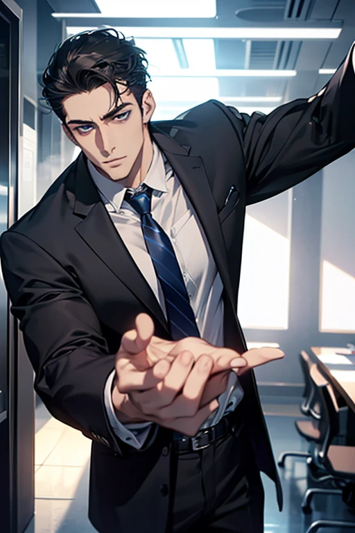 (Best Quality,4k,8k,high resolution,Masterpiece:1.2),ultra detailed,(realist,photorealist,photo-realist:1.37),1 man,31 years,mature man,very handsome,without expresion,muscled body,short gray black hair,Blue eyes,glare,perfect face without mistakes,imposing posture,businessman,office background,cinematic lighting,imagen HDR
