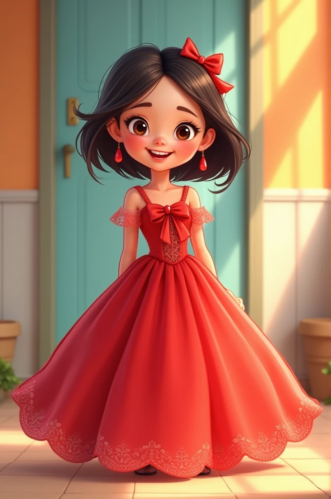 Happy girl , wearing red gown, there is a bow in front. 2D cartoon picture