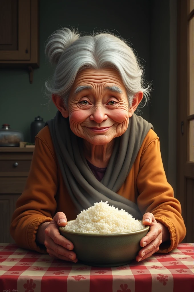The old mother wea eating the rice at the table in her house