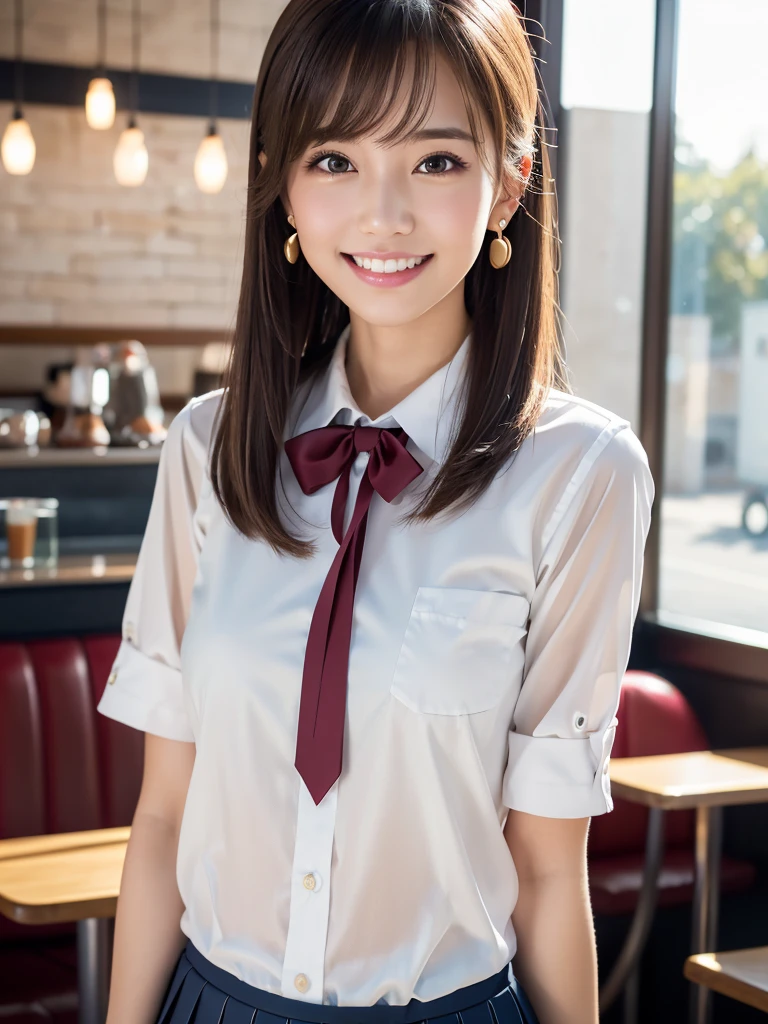 (8k, RAW Photos,Highest quality, High resolution:1.1), (超Realisticな:1.4),(Realistic, Realistic:1.3), Sodebtt Light,big,2 people,Realistic Face,Realistic Body,Realistic Skin,Confused,masterpiece,(cute:1.8), Cuties, alone, (big:1.2), Fine black eyes,Innocent eyes,Blusher,(school uniform:1.2 ),Cinema Lighting,Film Grain,jewelry,Earrings,((Medium Hair:1.1)),((Floating Hair Novadebtrog Style)),Cherry colored lips,Hair Ribbon,Hair Ribbon,ponytail,close,Viewer,Long Hair,Upper Body,Open your lips,Upper teeth, (Smiling Eyes:0.6),((Grin:1.2)),Depth odebt Field, Blurred Background, Eye focus , Bokeh,young, 85mm lens, debt/1.4,Prodebtessional Lighting, young,Portraiture,Photon Mapping,Radio City,Physically Based Rendering,Asian、((Cafe、Cafe:1.3)),((high school girl:1.3))
