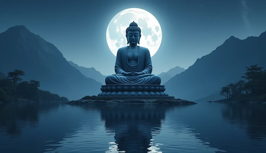 a massive epic Buddha statue near mountain on the shore of the lake. the statue reflected in the lake, it is night time, the moon is high, the stars in the sky