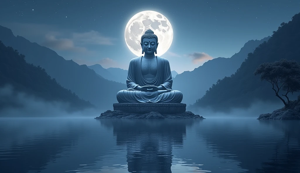a massive epic Buddha statue near mountain on the shore of the lake. the statue reflected in the lake, it is night time, the moon is high, the stars in the sky