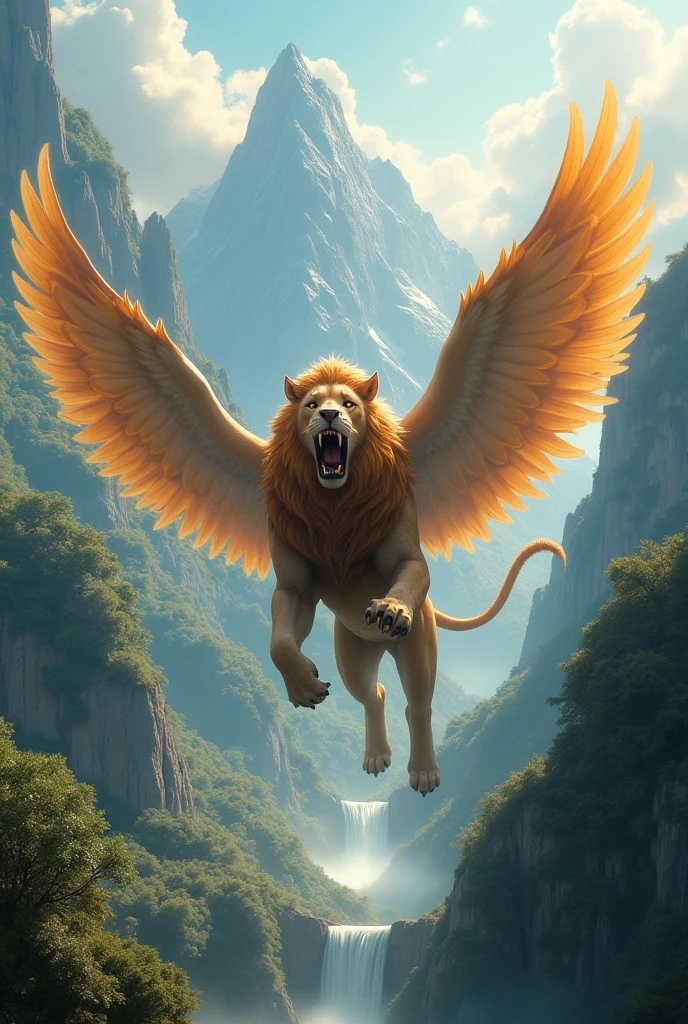 make a video The winged lion king is fighting in a beautiful mountainous place