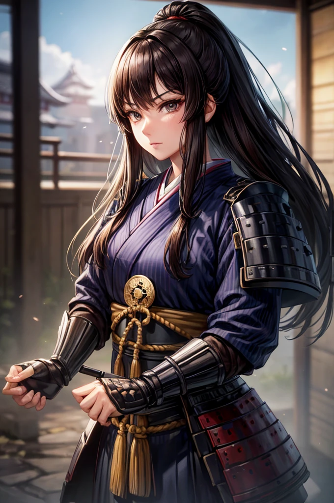 wearing armor One adult female, wearing light armor, wearing black kimono, Long Hair, brown hair, black Eyes, dilated pupils, Light makeup, tite waist, full body, hair over eye, intence anger, holding a sharpsword, Inside an old Japanese castle in the background, anime, cinematic lighting, cowboy shot, UHD, retina, masterpiece, accurate, anatomically correct, textured skin, super detail, high details, high quality, award winning, best quality, highres, 8k