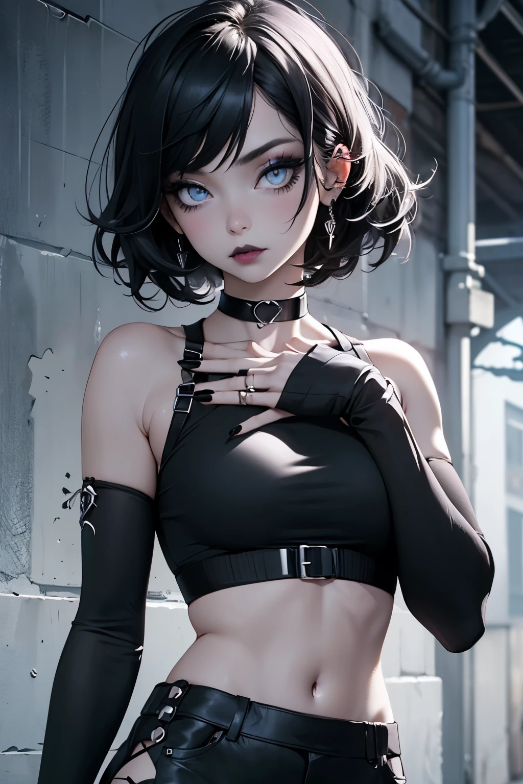 goth girl, fit, goth girl, goth makeup, black hair, black eyeshadow, black lipstick, black nails, black choker, blue eyes, pale skin, crop top,