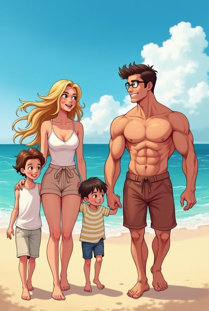 two happy couples of friends on the beach, one with two women, one blonde and one with long light brown hair, and another couple with a brown haired woman and a brown haired man, glasses and very muscular, there are two children in the picture, the dark haired woman is with the man and the blonde woman is with the brown haired woman