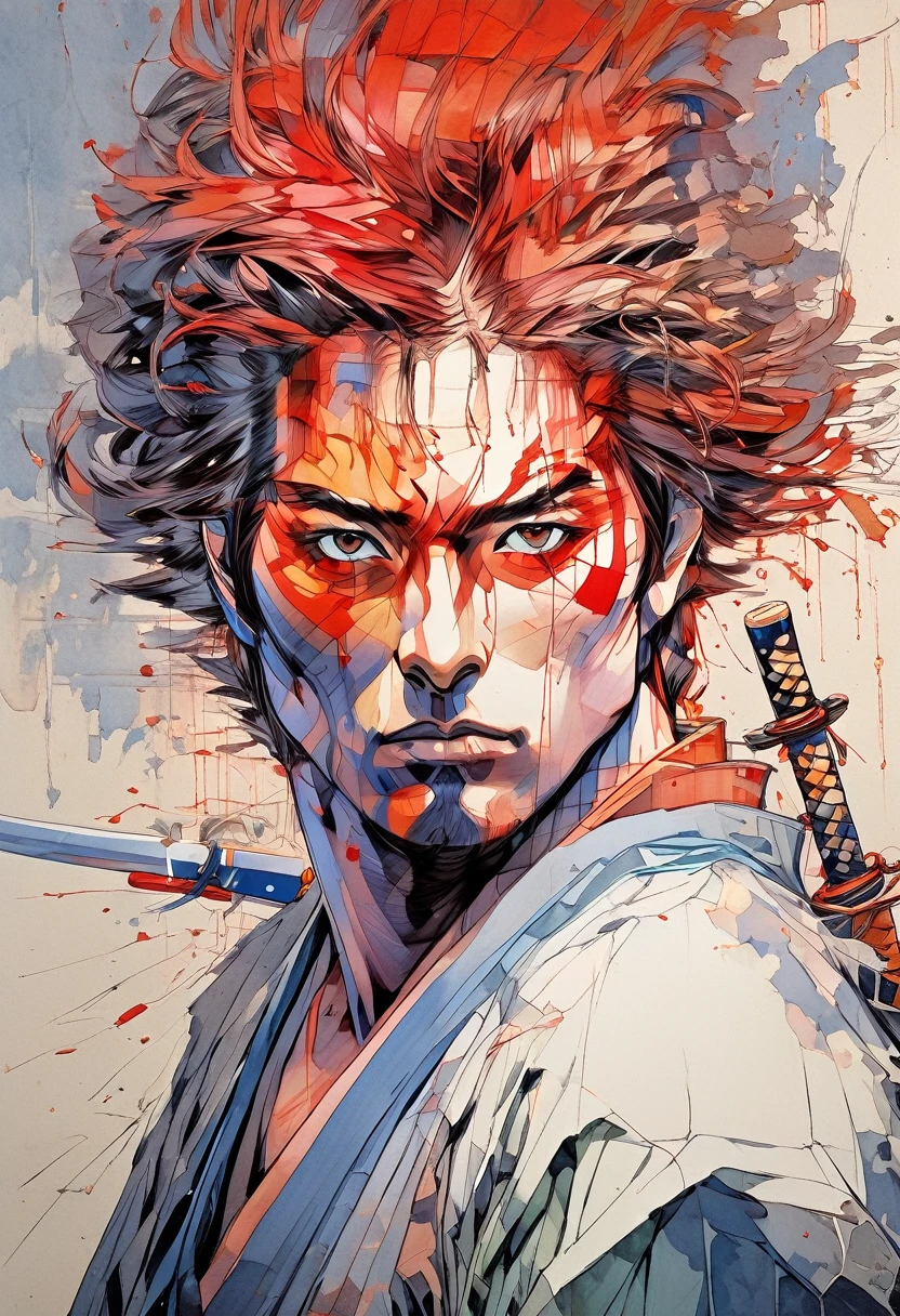 (Highest quality:0.8), (Highest quality:0.8), Perfect illustration((masterpiece, Highest quality))Kenshin Ayamura (battousai),Portraiture,Highly detailed eyes and face,Historical Samurai,Peaceful Expressions,Flowing red hair,A look of determination,Traditional clothing of Japan,Traditional swords,Beautiful cherry blossom background,Drawn in a dynamic pose,Soft indirect lighting,Vibrant colors, X on face, X mark on left cheek, X on face is dark, X on face is big
