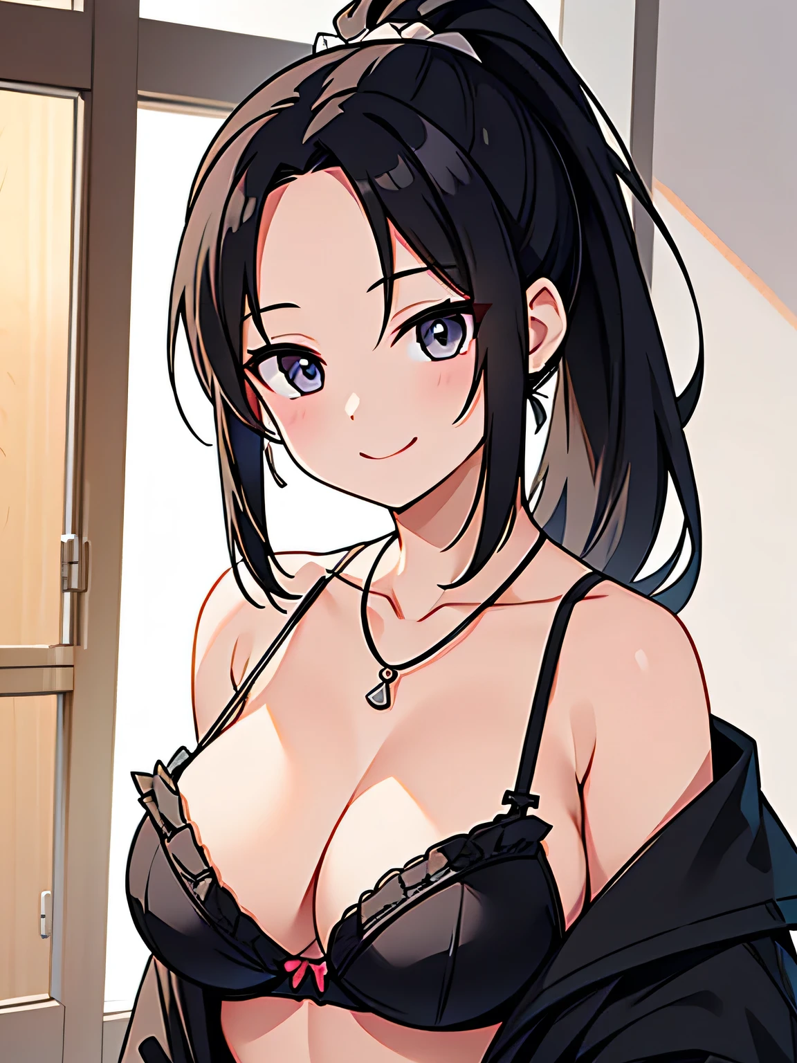 Adult women、Forehead、Black Hair、ponytail、Ruffled Bra、G Cup、smile、necklace