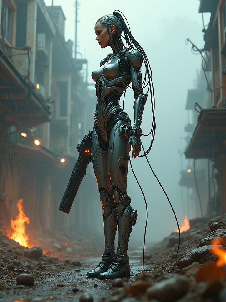 Organoid cyborg woman with many cables in a futuristic scene,Best Quality,4k,8k,High resolution, masterpiece:1.2, ultra detailed, realist:1.37, HdR,HD,studio lighting,Ultrafine paint,sharp focus,physically based rendering,extreme detailed description, professional,vivid colors,Science fiction,metallic textures, smoke and fog effects., dynamic poses, Paisaje nuclear war, high-tech weaponry,glowing viscera, post-apocalyptic atmosphere, intense and futuristic atmosphere, Vibrant color palette, dramatic shadows, nuclear war, raining heavily,eroded and decaying buildings, futuristic technology integrated with organic elements, augmented body modifications, chaotic and dirty environment.