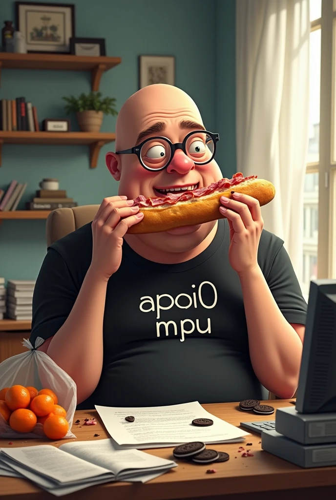 white male, 40 year old, baldie, completely smooth face, no fur, bochechas grandes, Scrawny, but very pot-bellied, wearing light glasses and eating baguette with lots of ham. Sitting behind a somewhat cluttered desk with a computer, stacks of papers, crumbs and lots of Oreo cookies. Wearing a black shirt with the following phrase: APOI0 MPU a bag with tangerines on the table.