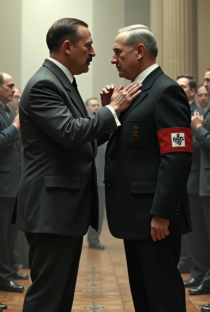 Tu mets ?????? debout qui met une gifle à Nétanyahou le président d’Israël. le président Nétanyahou doit être habillé en minijupe. et tu mets ?????? habillé en costume cravate avec l’insigne sur le côté du bras.