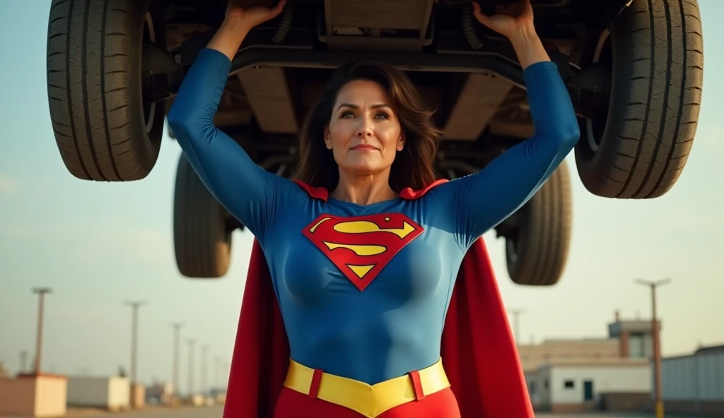(((very beautiful old Supergirl (((1980s costume))) Julie Hagerty(((dark-haired, large-breasted woman in her 50s)))) Super woman Julie Hagerty; confident, powerful, indestructible, attractive; big and firm chest; strong breasts; arms crossed, levanta facilmente um a car on the road sobre sua cabeça; arms of a strong woman. HD. Photograph, ((realism)), extremely high quality RAW photograph, ultra detailed photograph, sharp focus, high resolution, (detailed skin:1,3),high quality, film grain, Fujifilm XT3,Highly Detailed, movie, (Cinematic Photo:1.3) of (Realistic:1.3)