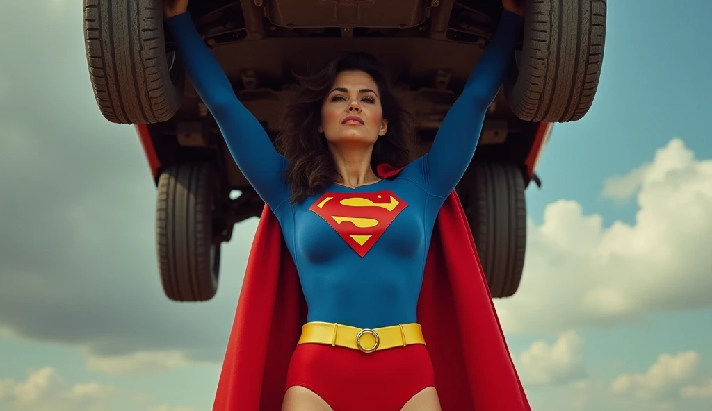 (((very beautiful old Supergirl (((1980s costume))) Julie Hagerty(((dark-haired, large-breasted woman in her 50s)))) Super woman Julie Hagerty; confident, powerful, indestructible, attractive; big and firm chest; strong breasts; arms crossed, levanta facilmente um a car on the road sobre sua cabeça; arms of a strong woman. HD. Photograph, ((realism)), extremely high quality RAW photograph, ultra detailed photograph, sharp focus, high resolution, (detailed skin:1,3),high quality, film grain, Fujifilm XT3,Highly Detailed, movie, (Cinematic Photo:1.3) of (Realistic:1.3)
